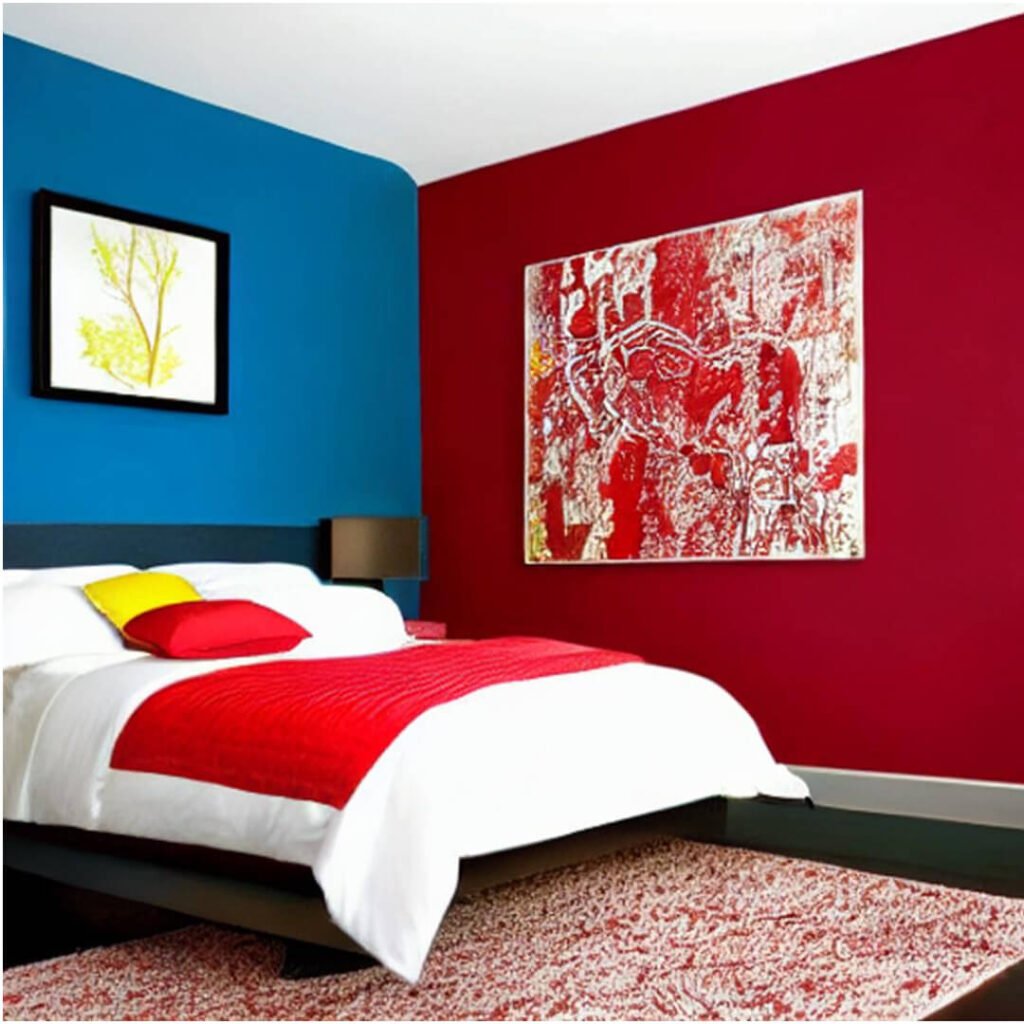 Red and Blue Two Colour Combination for Bedroom, bedroom wall colours, professional painters for bedroom walls