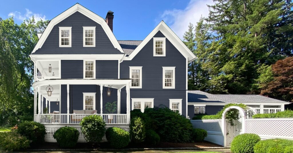 Exterior house color scheme Classic White and Navy Blue